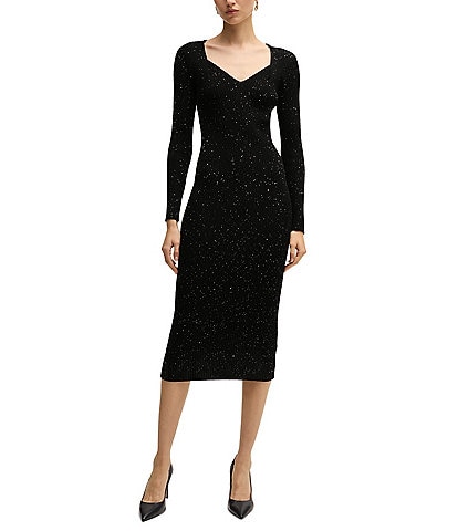 Hugo Boss Ferima Sequin Ribbed Knit V-Neck Long Sleeve Dress