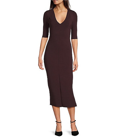 Hugo Boss Fezanin Solid Knit V-Neck Elbow Sleeve Bodycon Midi Dress