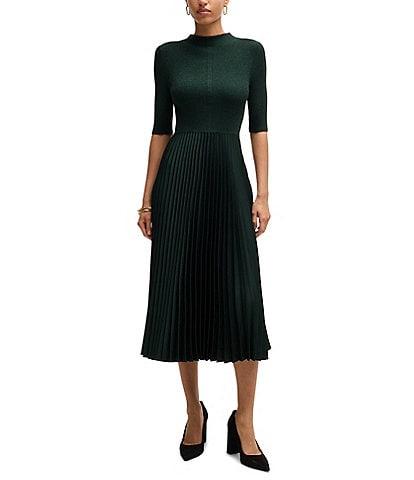 Hugo Boss Fireanami Plisse Woven Mock Neck Elbow Sleeve Pleated Dress