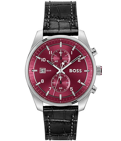 Hugo Boss Men's Skytraveller Quartz Chronograph Burgundy Dial Black Leather Strap Watch