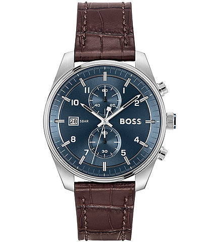 Hugo Boss Men's Skytraveller Quartz Chronograph Burgundy Dial Black Leather Strap Watch