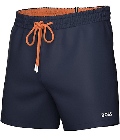 Hugo Boss Tio Navy 5.5#double; Inseam Drawstring Solid Graphic Logo Swim Trunks