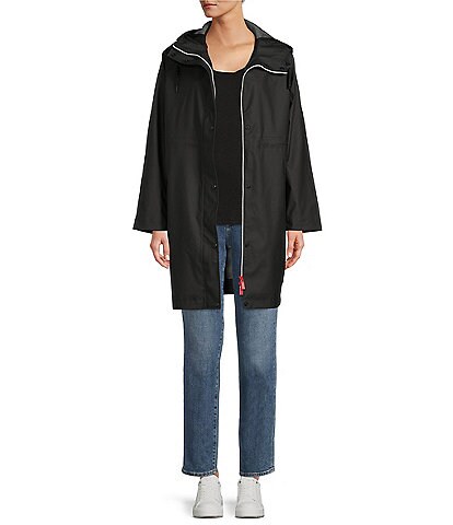 Hunter Hooded Stand Collar Button Front Rain Jacket