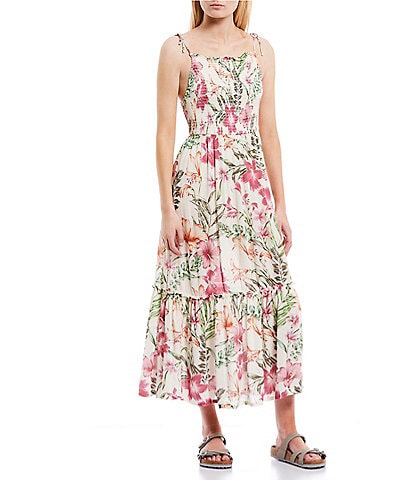 Hurley Botanic Wonder Floral Print Ruffle Tiered Smocked Midi Dress