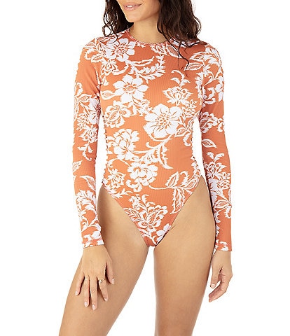 Hurley Floral Ikat Print Rib Texture Long Sleeve Strappy Cut-Out One Piece Surf Suit