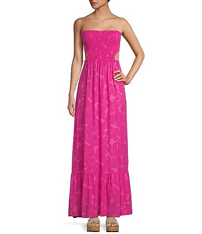 Hurley Hibiscus Printed Side Cut-Out Strapless Maxi Dress