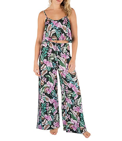 Hurley Island Style Floral Print Scoop Neck Sleeveless Swing Tank Top Cover-Up & Side Slit Flared Swim Cover-Up Pants