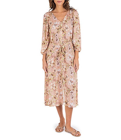 Hurley Lily Floral Print 3/4 Sleeve Button Front Waist Tie Midi Dress