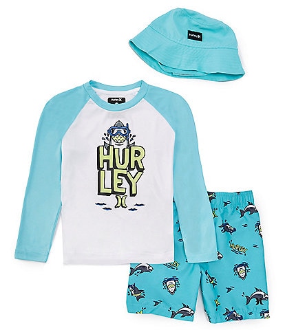 Hurley Little Boys 2T-4T Shark T-Shirt & Bucket Hat 3-Piece Swim Set