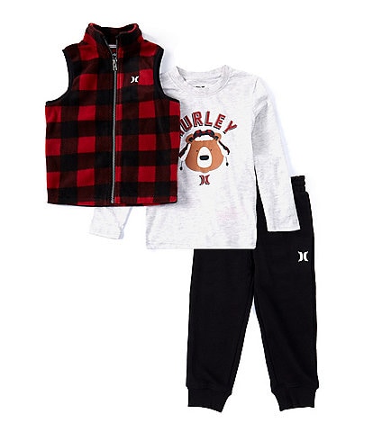 Hurley Little Boys 2T-4T Sleeveless Printed Fleece Vest, Long Sleeve Bear-Face Graphic T-Shirt & Solid Fleece Jogger Pant Set