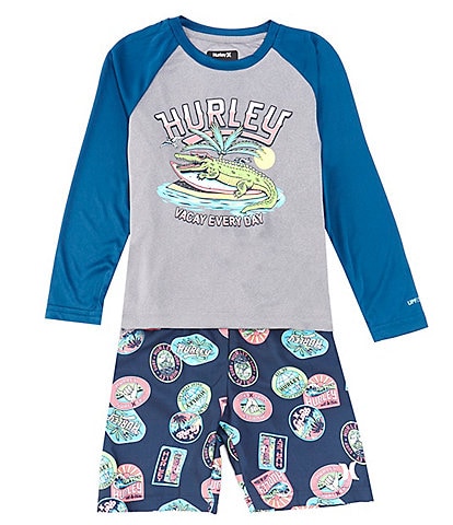 Hurley Little Boys 2T-7 Raglan Sleeve Gator Graphic T-Shirt & Allover Printed Swim Trunks Set