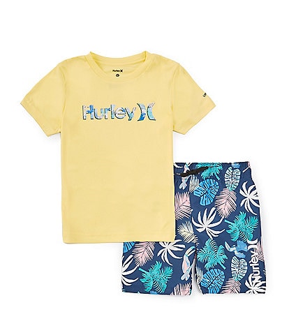 Hurley Little Boys 2T-7 Short Sleeve Printed Logo T-Shirt & Toucan/Palm-Printed Board Shorts