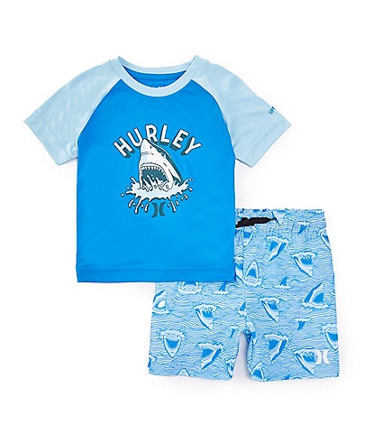 Hurley Little Boys 2T-7 Short Sleeve Shark Head Doodle T-Shirt & Swim Trunks 2-Piece Set