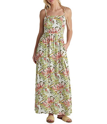 Hurley Malibu Sleeveless Tropical Floral/Leaf Print Long Dress