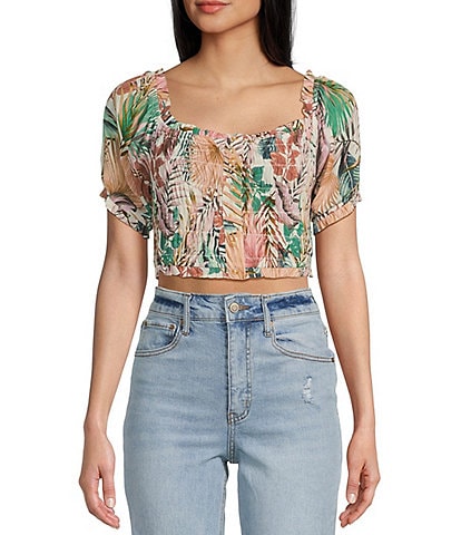 Hurley Palmetto Sunset Floral Print Short Puff Sleeve Smocked Crop Top
