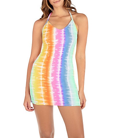 Hurley Rainbow Ombre Tie-Dye Print Scoop Neck Halter Mini Cover-Up Dress