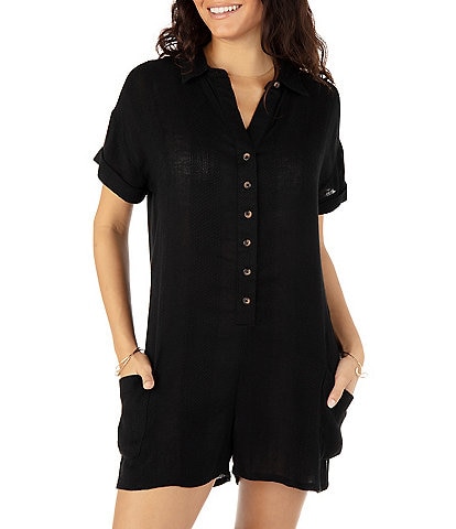 Hurley Stripe Gauze Point Collar Short Sleeve Button Front Swim Cover-Up Romper