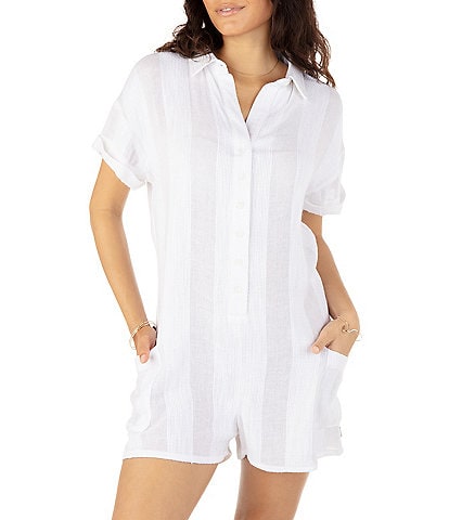 Hurley Stripe Gauze Point Collar Short Sleeve Button Front Swim Cover-Up Romper