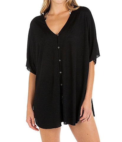 Hurley Tortoise Button Front V-Neck Tunic Cover-Up