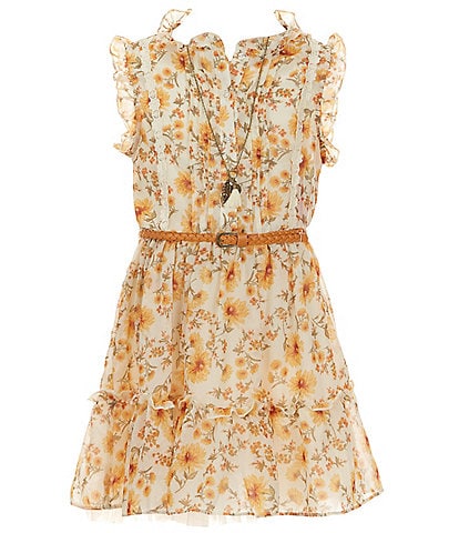 I.N. Girl 7-16 Sleeveless Lace-Trimmed Floral Print Belted Fit-And-Flare Dress