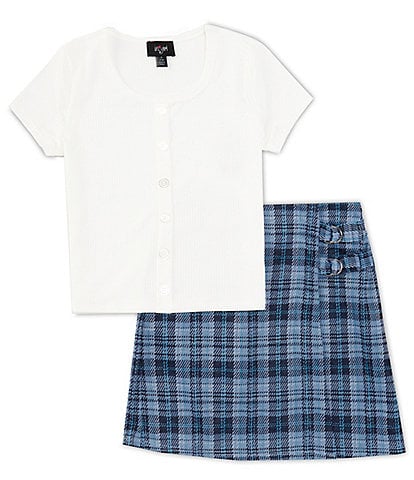 I.N. Girl Big Girls 7-16 Short Sleeve Striped T-Shirt & Plaid Skirt Set