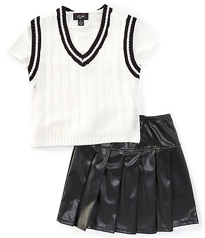 I.N. Girl Big Girls 7-16 Sleeveless Cable-Knit Sweater Vest, Short-Sleeve T-Shirt & Pleated Faux-Leather Skirt Set