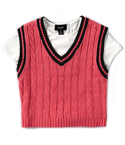 I.N. Girl Big Girls 7-16 Ticking-Striped-Trim Cable-Stitched Sweater Vest & Solid Short-Sleeve Knit T-Shirt Set