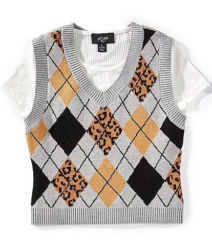 I.N. Girl Big Girls Argyle-Printed/Solid Color Block Sweater Vest & Short-Sleeve Knit T-Shirt