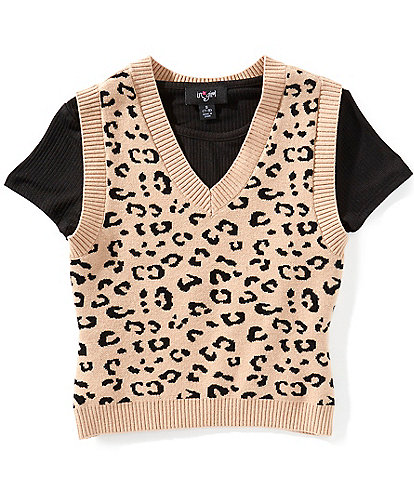 I.N. Girl Big Girls Cheetah-Printed/Solid Color Block Sweater Vest & Short-Sleeve Knit T-Shirt