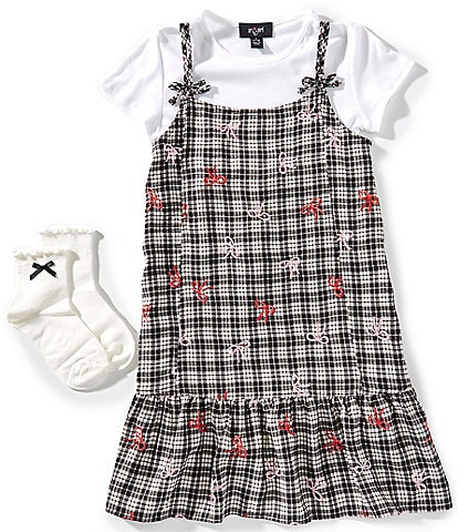 I.N. Girl Big Girls Short Sleeve T-Shirt & Jumper Bow Embroidered Plaid Dress Set