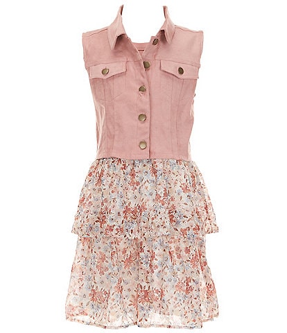 I.N. Girl Big Girls Suede Vest & Sleeveless Double Tier Floral Eyelet Dress Set
