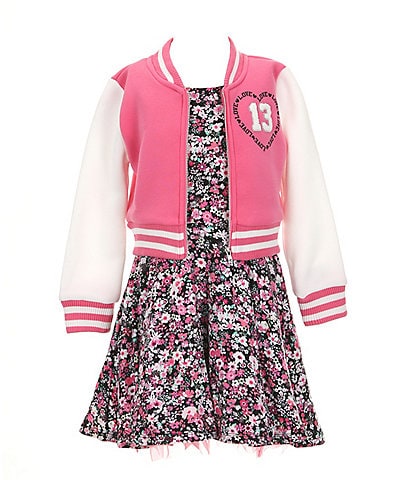 I.N. Girl Little Girls 4-6X Long Sleeve Color Block Letterman Jacket & Sleeveless Floral-Printed Fit & Flare Dress Set