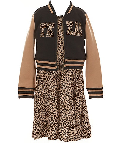 I.N. Girl Little Girls Long Sleeve Texas Embroidery Crop Letterman Jacket & Sleeveless Fit-Flare Dress Set