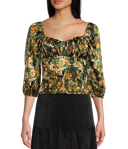 I.N. San Francisco 3/4 Puff Sleeve Sweetheart Neckline Floral Top