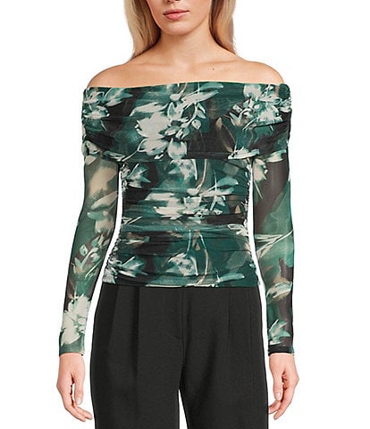 I.N. San Francisco Abstract Floral Off The Shoulder Long Sleeve Shirred Side Top