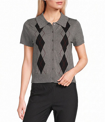 I.N. San Francisco Argyle Collared Short Sleeve Button Front Sweater