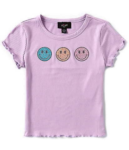 I.N. San Francisco Big Girls 7-16 Short Sleeve Rhinestone Embellished Smiley Face Graphic Rib Knit T-Shirt