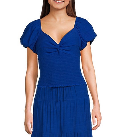 I.N. San Francisco Bubble Sleeve Smocked Coordinating Cropped Top