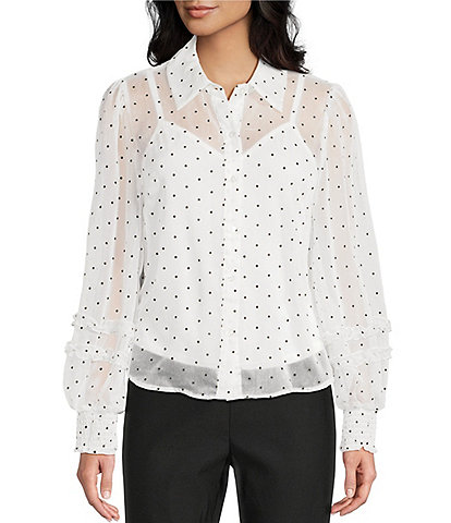 I.N. San Francisco Collared Long Puff Sleeve Button Front Ruffled Cuffed Top