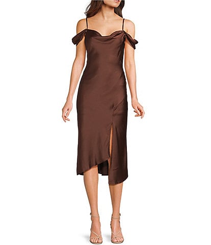 I.N. San Francisco Cowl Neck Cap Sleeve Front Slit Midi Dress