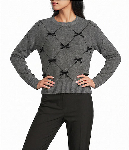 I.N. San Francisco Diamond Stitch Bow Velvet Long Puff Sweater