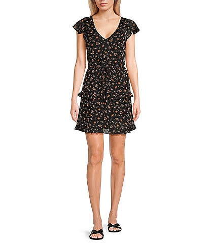 I.N. San Francisco Ditsy Floral Print Short Sleeve Tiered Fit-And-Flare Mini Dress