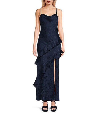 I.N. San Francisco Drape Neck Asymmetrical Ruffled Maxi Slip Dress