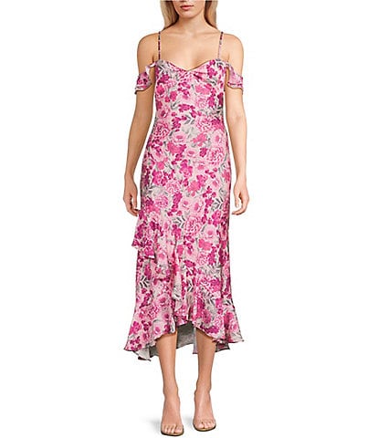 I.N. San Francisco Floral Print Off The Shoulder Asymmetrical Hem Midi Dress