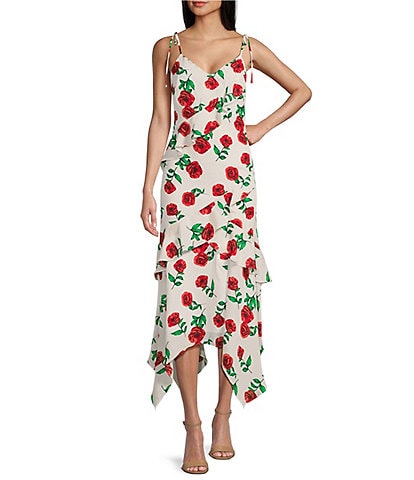I.N. San Francisco Floral Print V-Neck Spaghetti Strap Ruffled Midi Dress