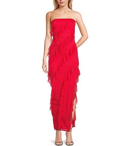I.N. San Francisco Lace Mesh Strapless Asymmetrical Ruffle Maxi Dress
