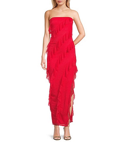 I.N. San Francisco Lace Mesh Strapless Asymmetrical Ruffle Dress