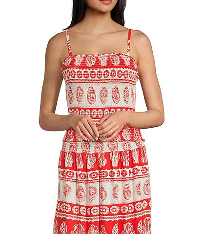 I.N. San Francisco Linen Blend Printed Square Neck Smocked Coordinating Tank Top
