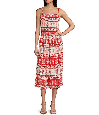 I.N. San Francisco Linen Blend Printed Square Neck Smocked Coordinating Tank Top