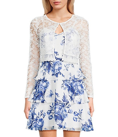 I.N. San Francisco Long Sleeve Button Front Lace Trim Shrug